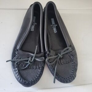Minnetonka Black Leather Kilty Moccasin